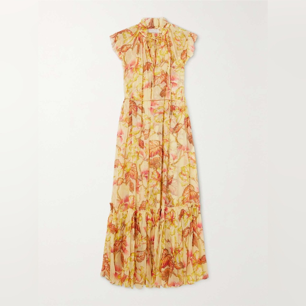 Zimmermann Floral-Print Crepon Midi Dress With Ruffled Trims Size AU 1 / US 6